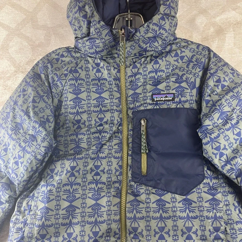Patagonia Kids Reversible Down Sweater Hoody Navy‎ Tan Blue Pattern Size M 10
